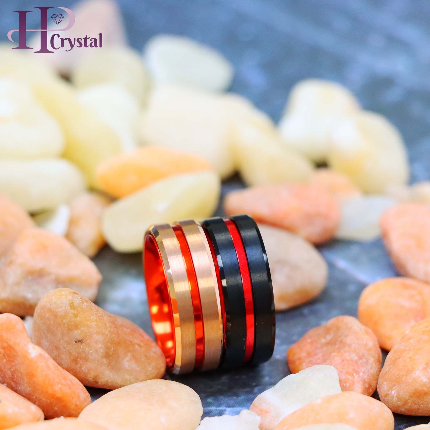 Rose Gold & Black Tungsten Ring – Grooved Center, Red Anodized Aluminum Sleeve, Durable & Stylish Wedding Band