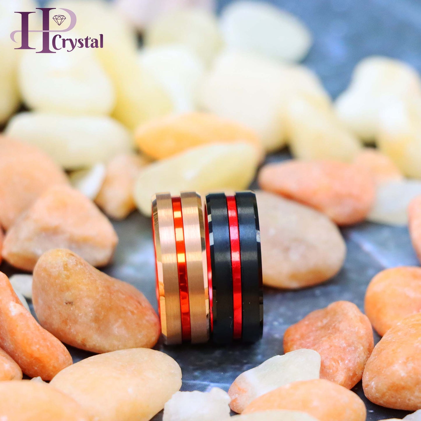 Rose Gold & Black Tungsten Ring – Grooved Center, Red Anodized Aluminum Sleeve, Durable & Stylish Wedding Band