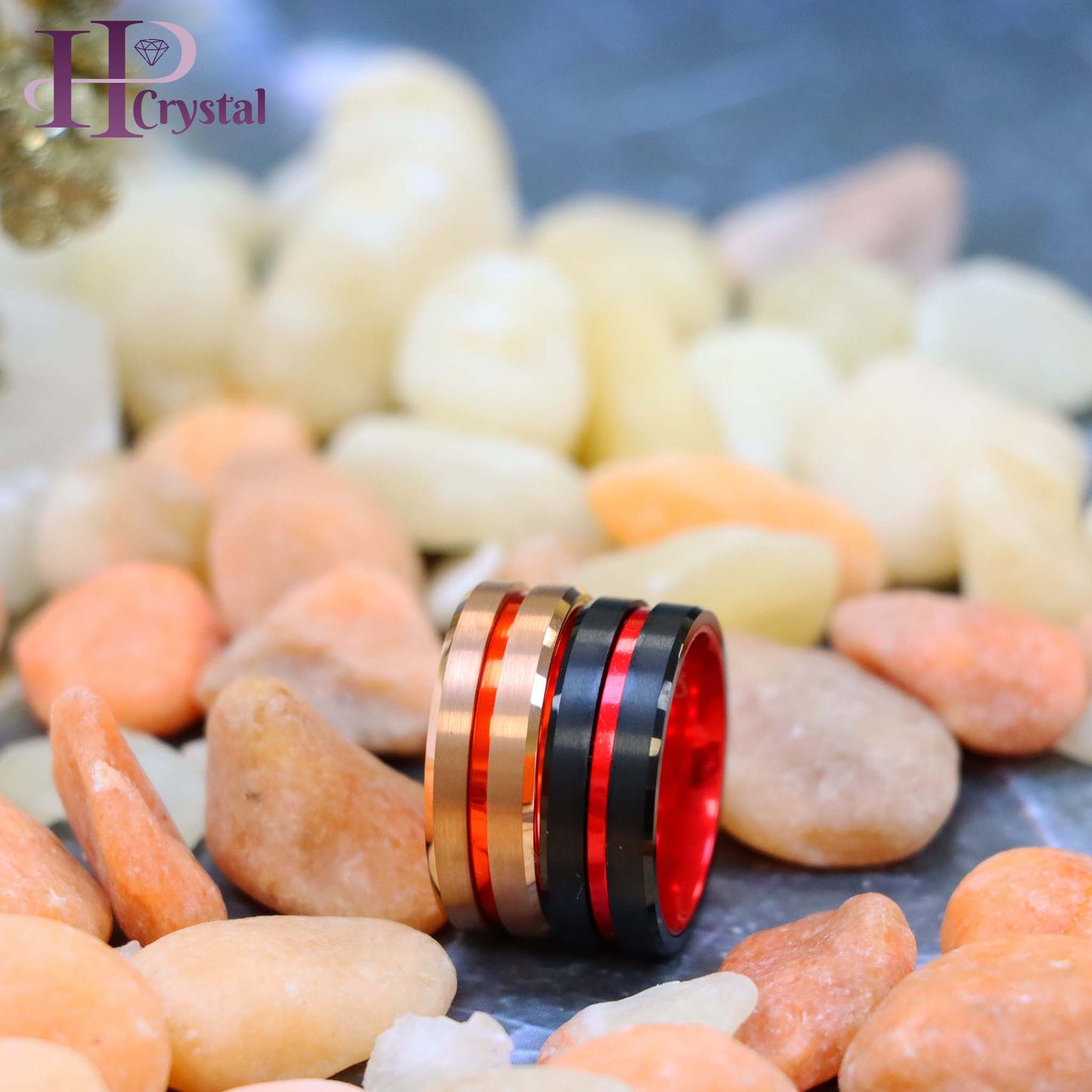 Rose Gold & Black Tungsten Ring – Grooved Center, Red Anodized Aluminum Sleeve, Durable & Stylish Wedding Band