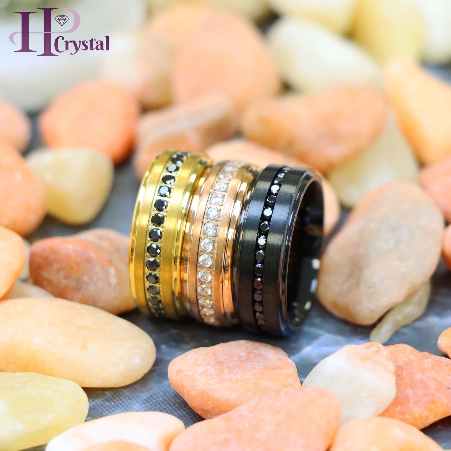 Black Titanium & Tungsten Eternity Ring – Black & White CZ, Rose & Yellow Gold IP, Durable Wedding Band
