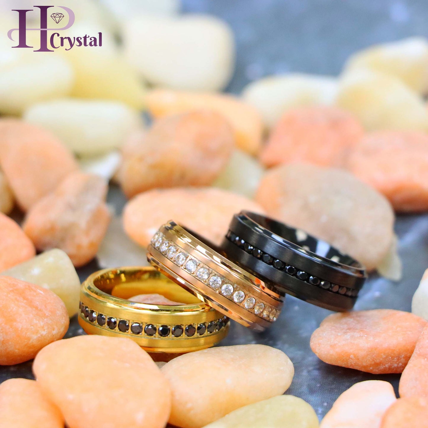 Black Titanium & Tungsten Eternity Ring – Black & White CZ, Rose & Yellow Gold IP, Durable Wedding Band