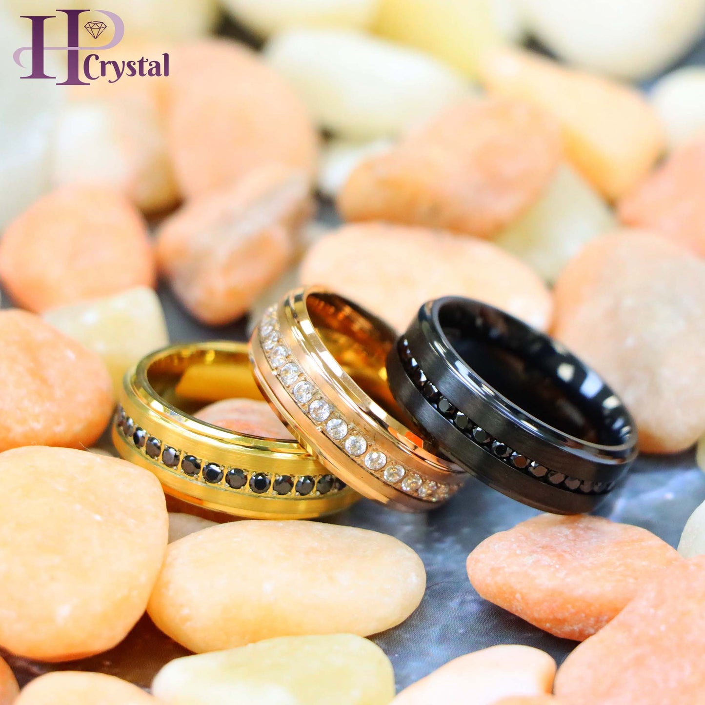 Black Titanium & Tungsten Eternity Ring – Black & White CZ, Rose & Yellow Gold IP, Durable Wedding Band