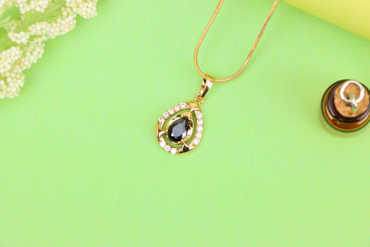 Teardrop Black Stone Pendant with White Crystals in Gold Plating, XPPT1800 (2153-2)