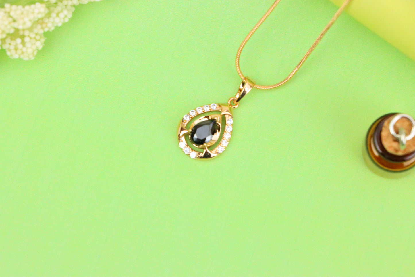 Teardrop Black Stone Pendant with White Crystals in Gold Plating, XPPT1800 (2153-2)