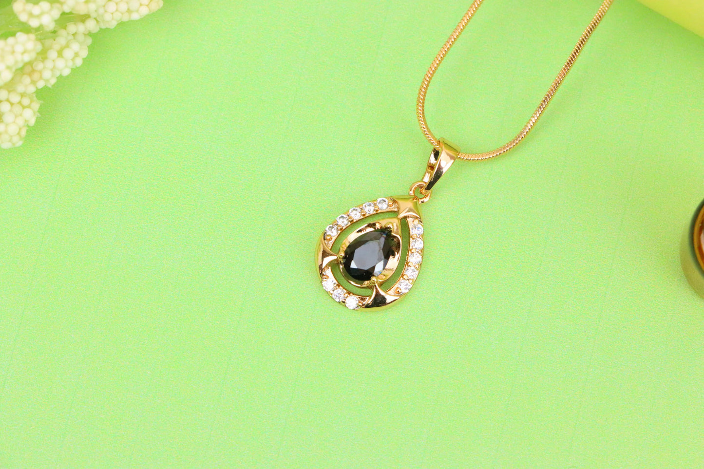 Teardrop Black Stone Pendant with White Crystals in Gold Plating, XPPT1800 (2153-2)