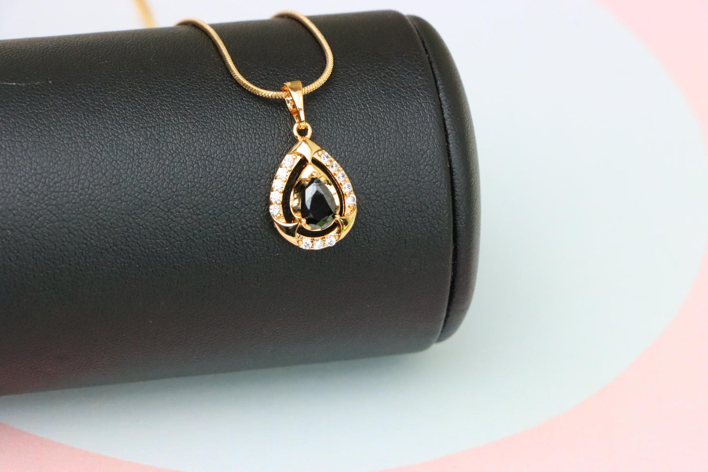 Teardrop Black Stone Pendant with White Crystals in Gold Plating, XPPT1800 (2153-2)