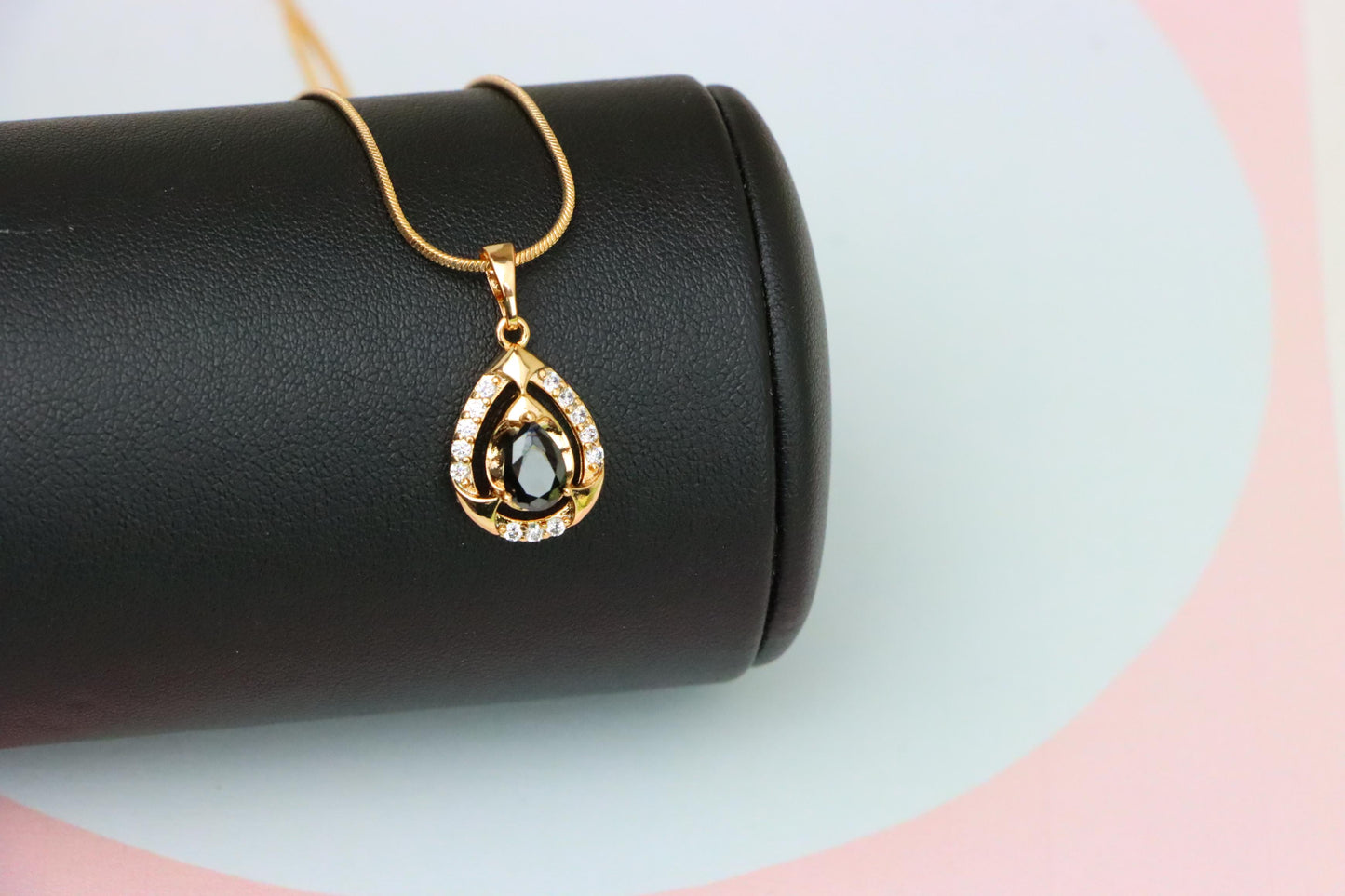Teardrop Black Stone Pendant with White Crystals in Gold Plating, XPPT1800 (2153-2)