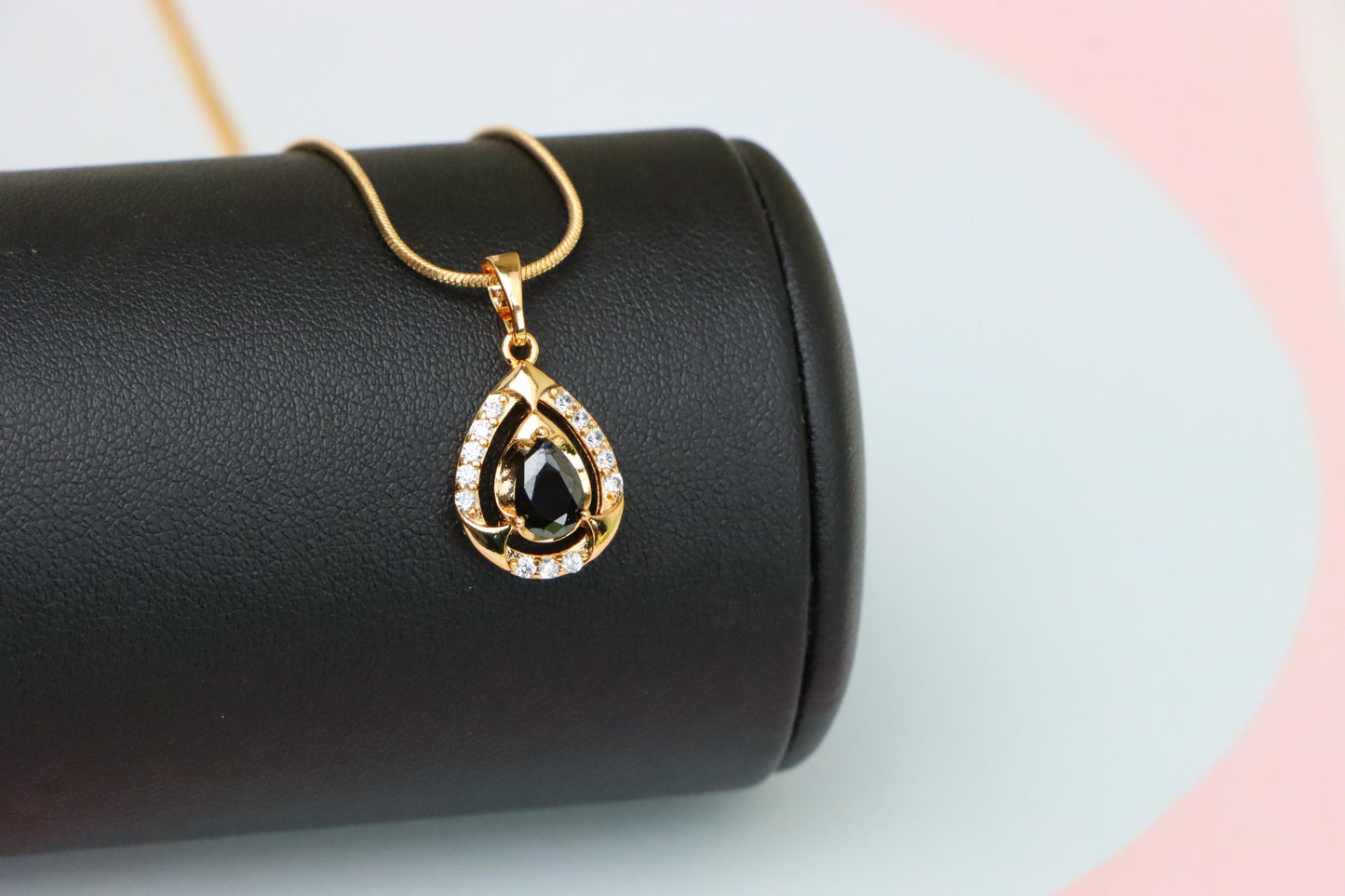 Teardrop Black Stone Pendant with White Crystals in Gold Plating, XPPT1800 (2153-2)