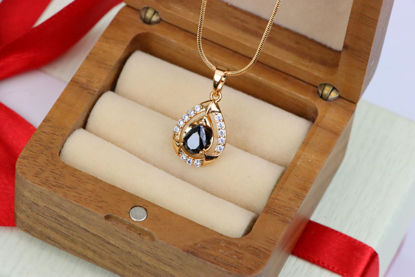 Teardrop Black Stone Pendant with White Crystals in Gold Plating, XPPT1800 (2153-2)