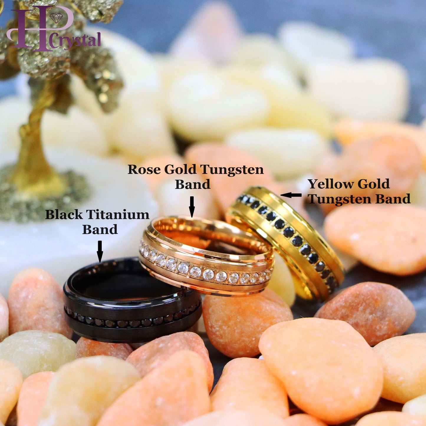 Black Titanium & Tungsten Eternity Ring – Black & White CZ, Rose & Yellow Gold IP, Durable Wedding Band