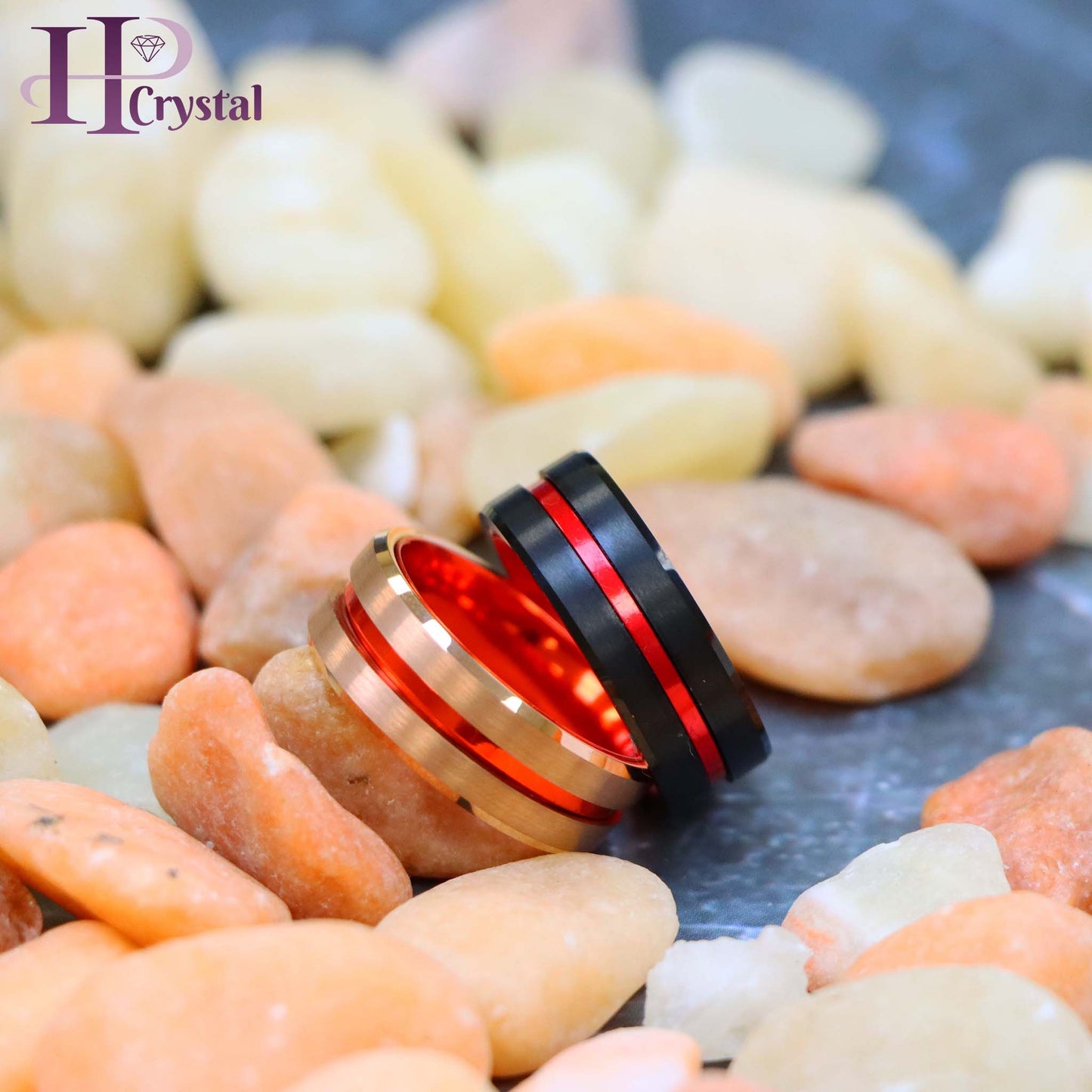 Rose Gold & Black Tungsten Ring – Grooved Center, Red Anodized Aluminum Sleeve, Durable & Stylish Wedding Band