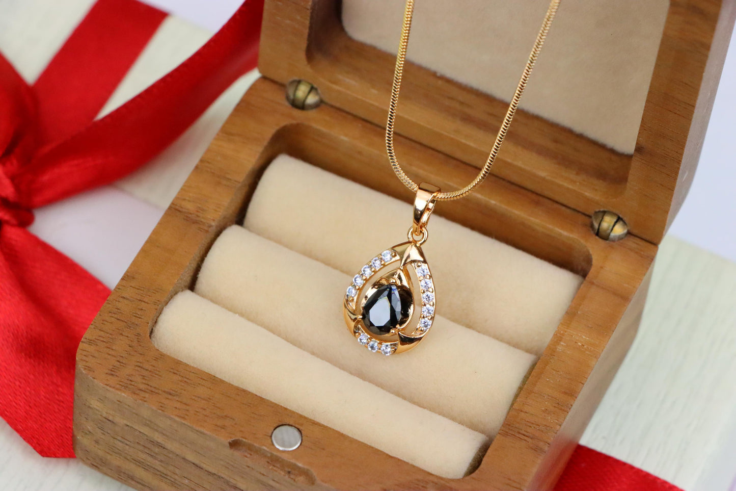 Teardrop Black Stone Pendant with White Crystals in Gold Plating, XPPT1800 (2153-2)