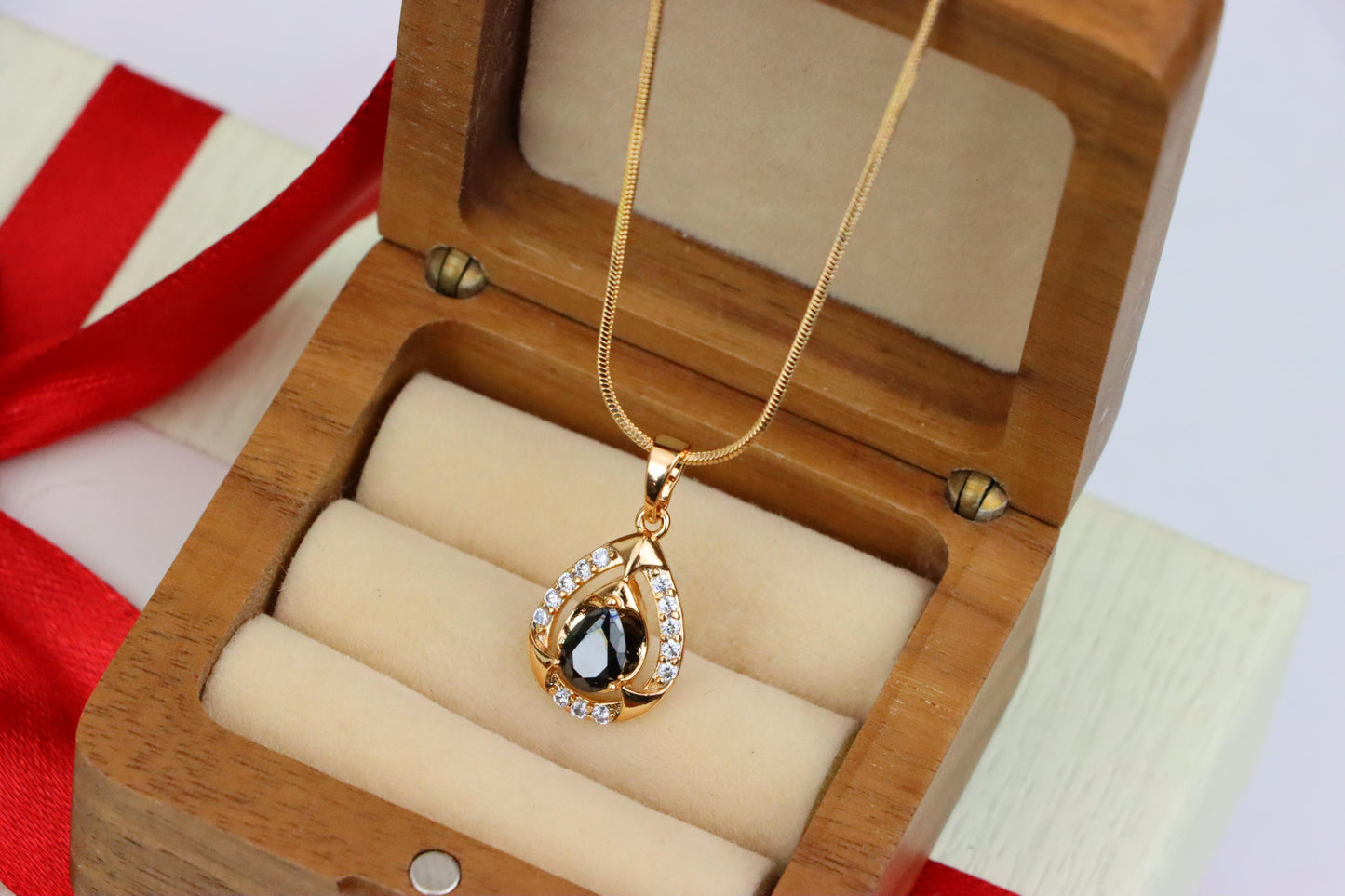 Teardrop Black Stone Pendant with White Crystals in Gold Plating, XPPT1800 (2153-2)