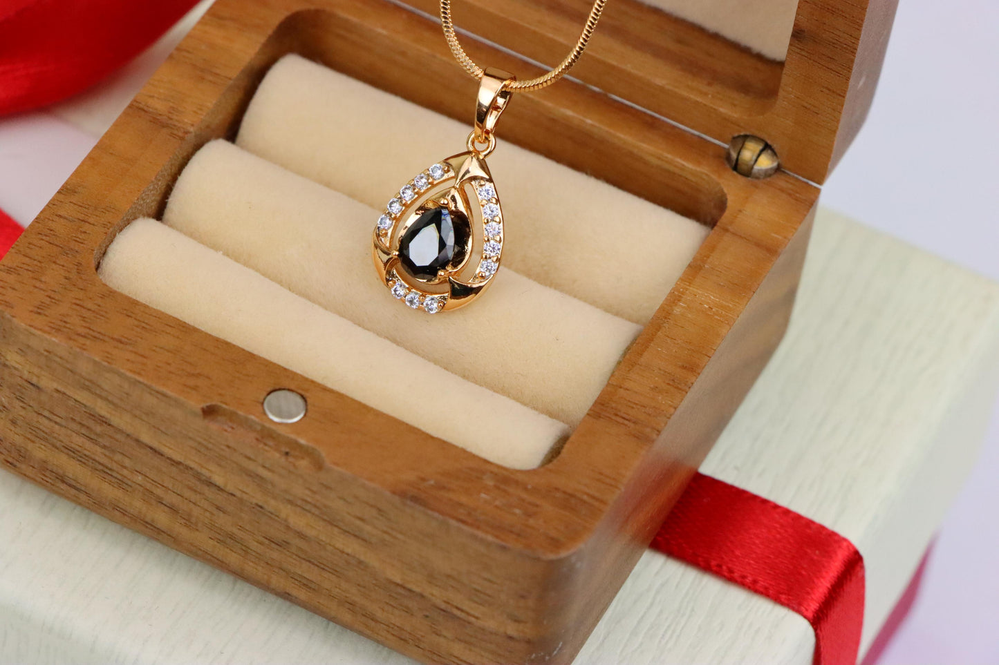 Teardrop Black Stone Pendant with White Crystals in Gold Plating, XPPT1800 (2153-2)