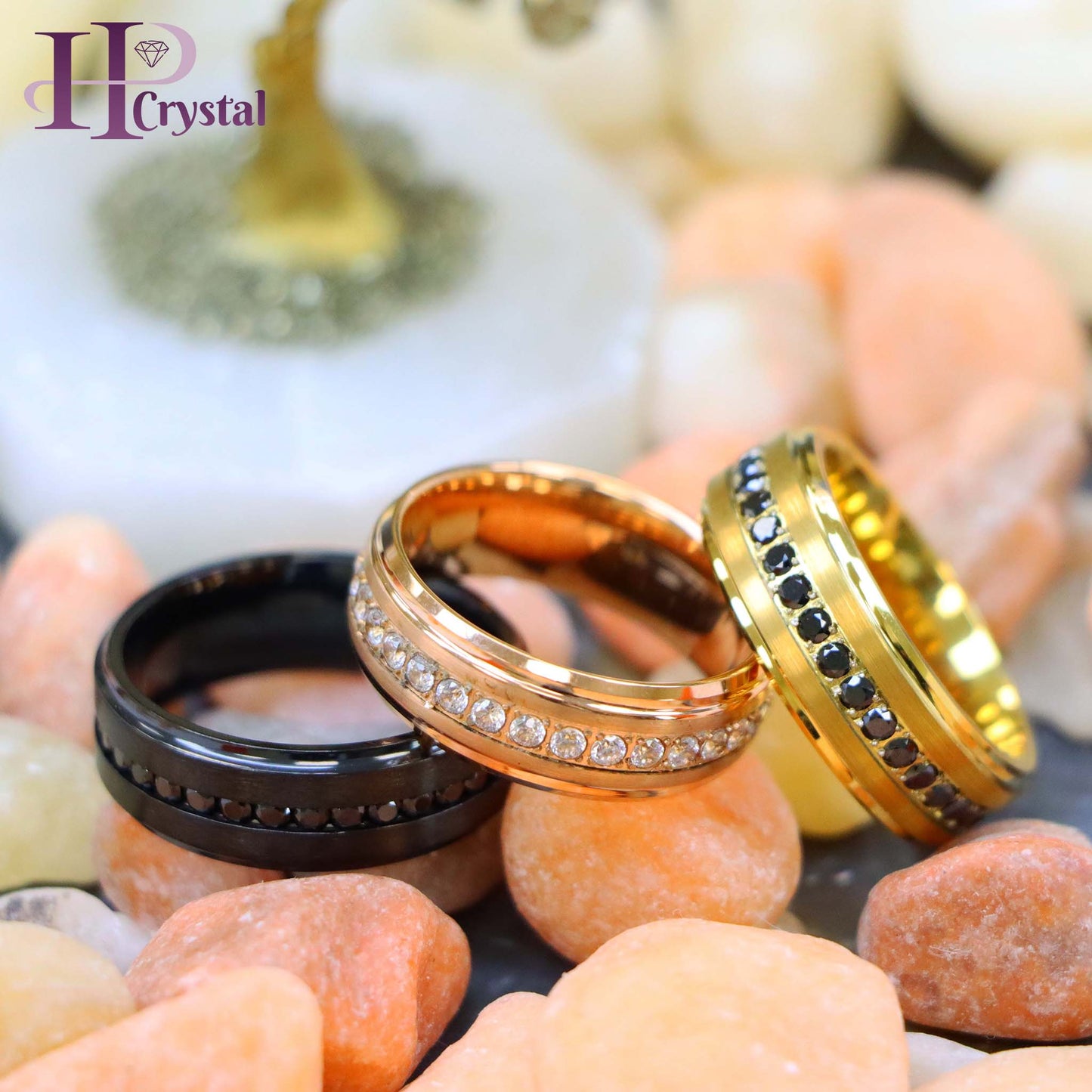 Black Titanium & Tungsten Eternity Ring – Black & White CZ, Rose & Yellow Gold IP, Durable Wedding Band