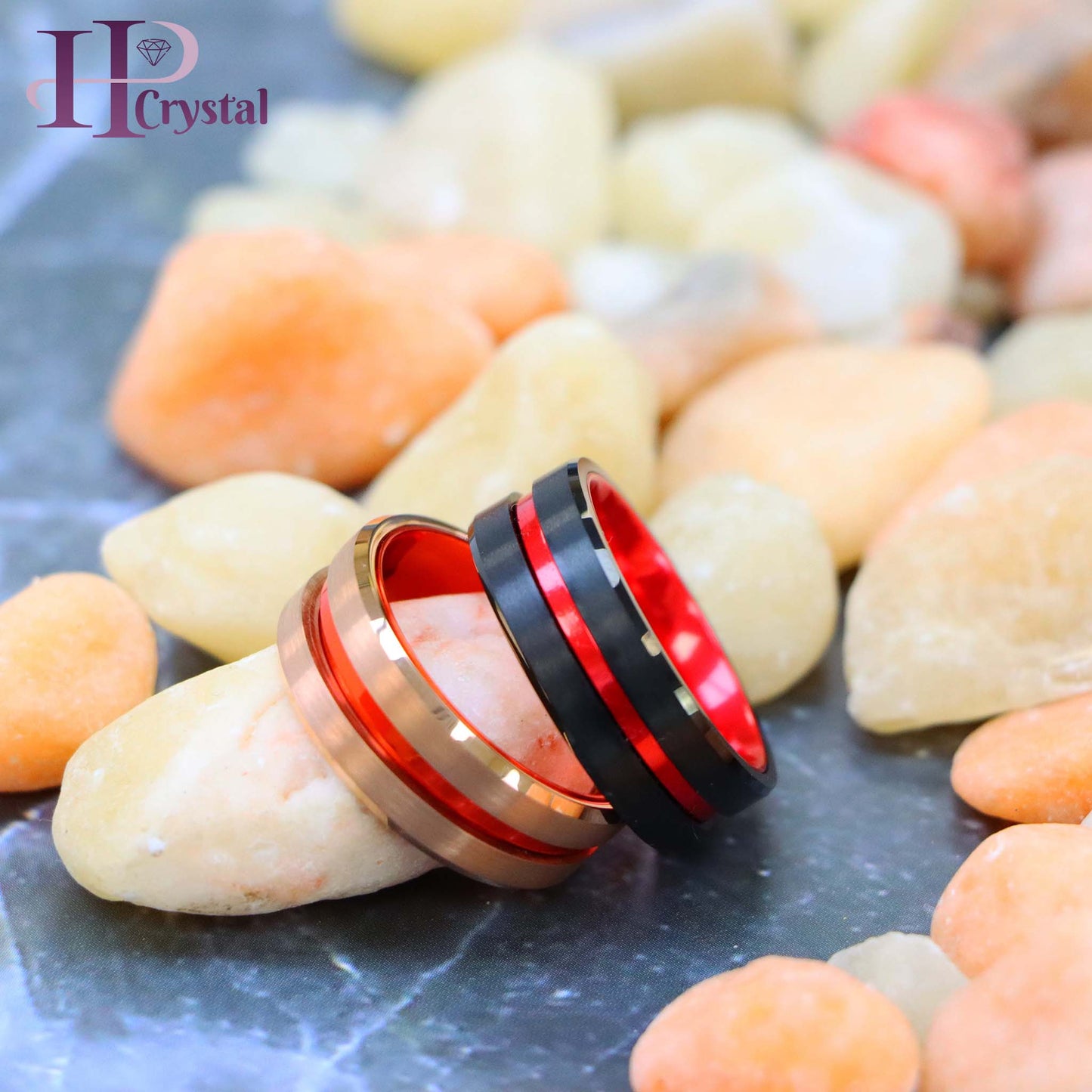 Rose Gold & Black Tungsten Ring – Grooved Center, Red Anodized Aluminum Sleeve, Durable & Stylish Wedding Band