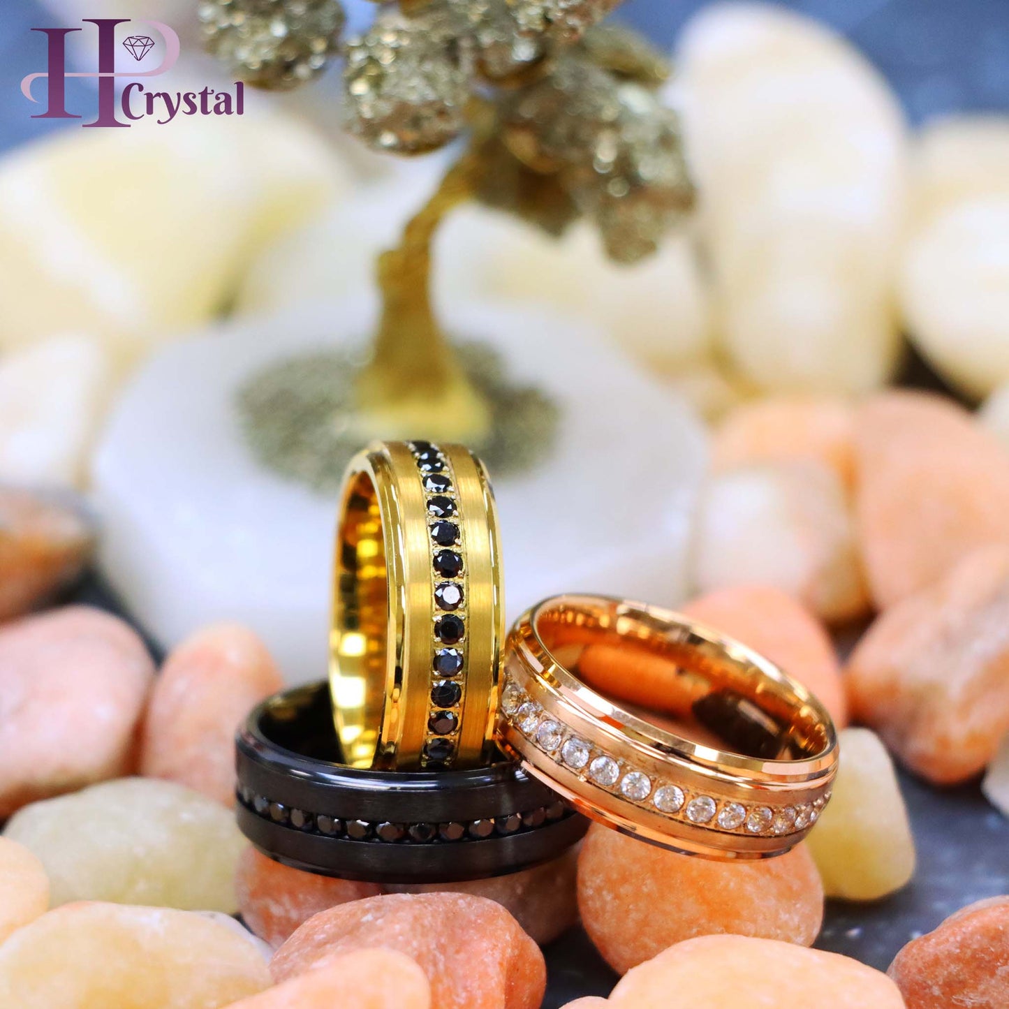 Black Titanium & Tungsten Eternity Ring – Black & White CZ, Rose & Yellow Gold IP, Durable Wedding Band