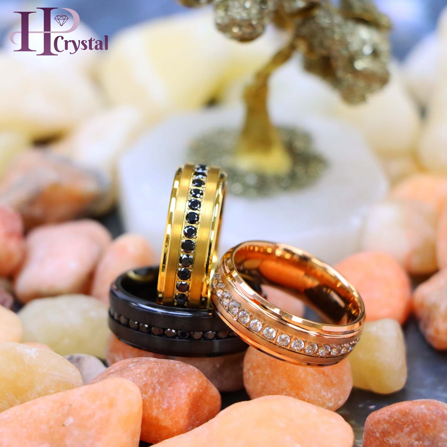 Black Titanium & Tungsten Eternity Ring – Black & White CZ, Rose & Yellow Gold IP, Durable Wedding Band