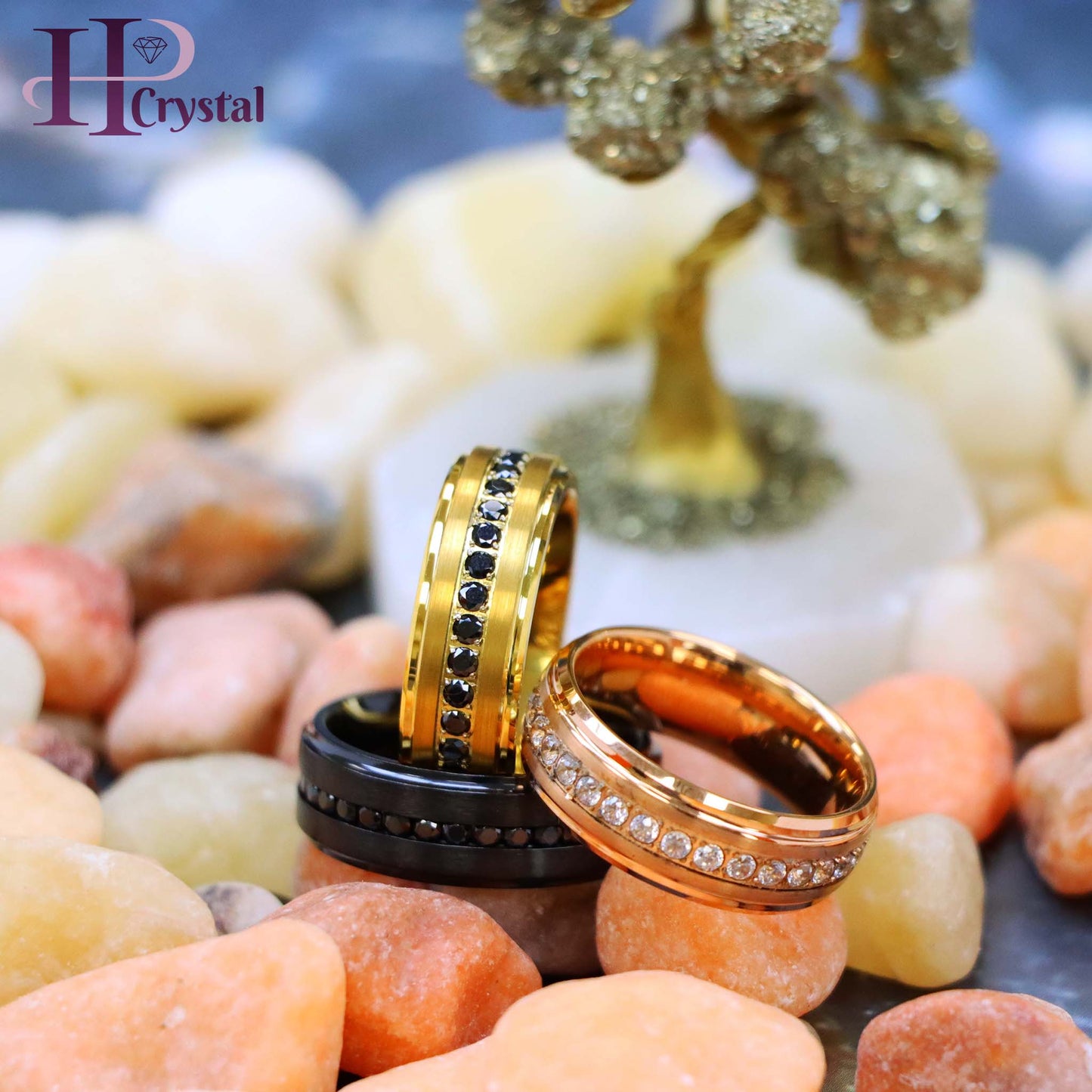 Black Titanium & Tungsten Eternity Ring – Black & White CZ, Rose & Yellow Gold IP, Durable Wedding Band