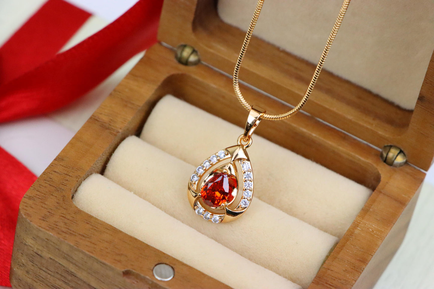 Red Pear-Shaped Pendant with Gold Finish and Dazzling Accents, XPPT1802 (2153-2)