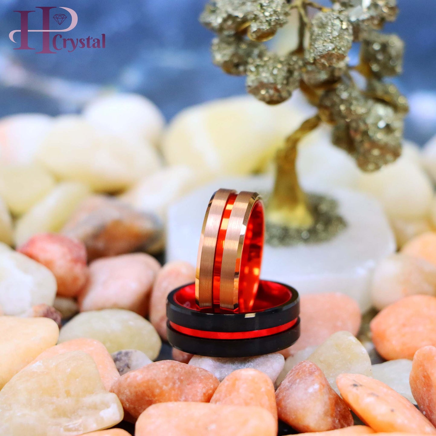 Rose Gold & Black Tungsten Ring – Grooved Center, Red Anodized Aluminum Sleeve, Durable & Stylish Wedding Band