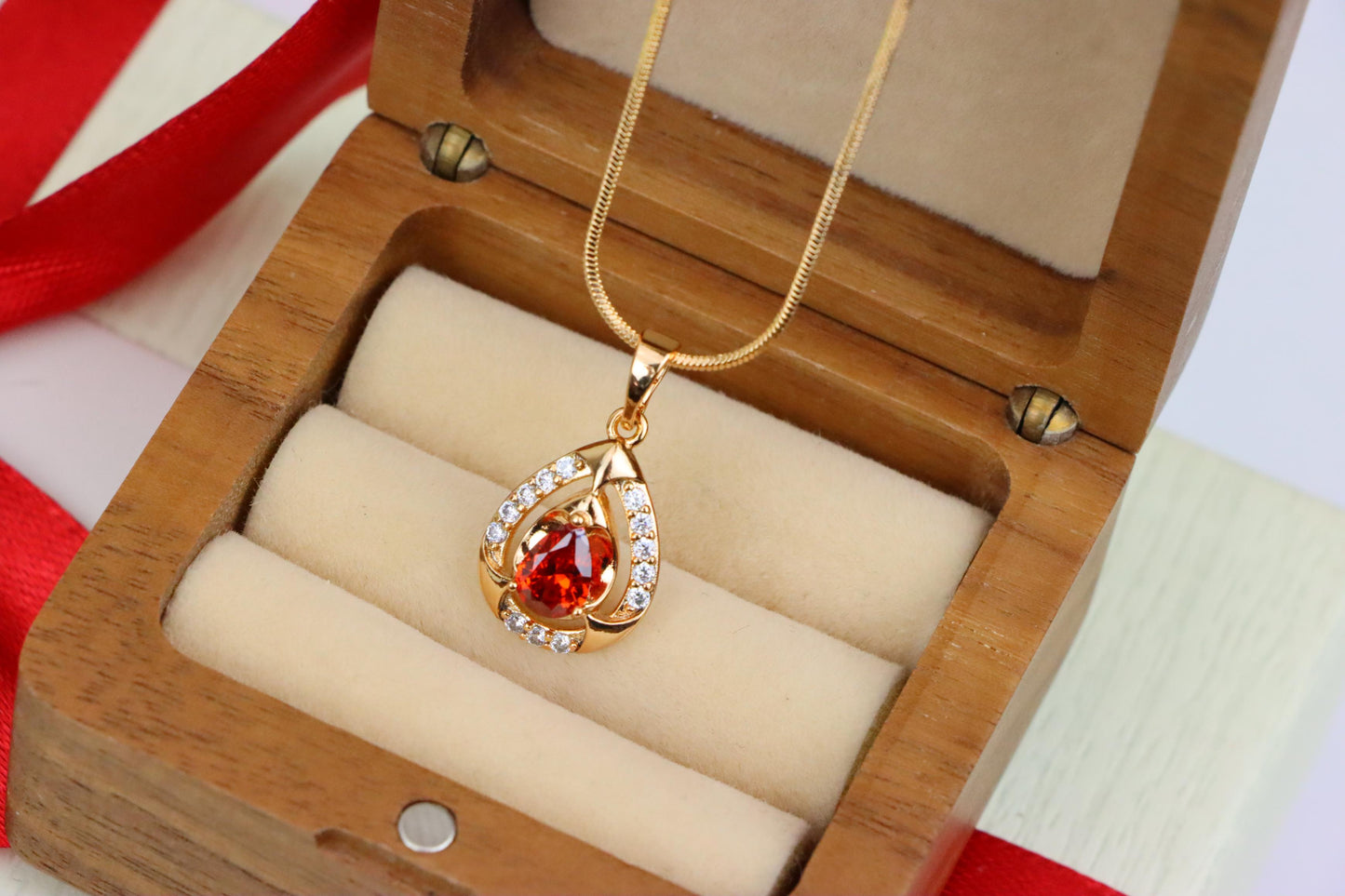 Red Pear-Shaped Pendant with Gold Finish and Dazzling Accents, XPPT1802 (2153-2)