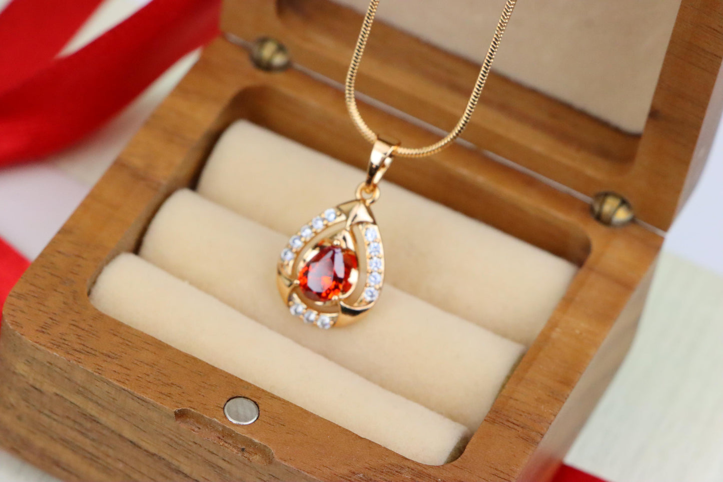 Red Pear-Shaped Pendant with Gold Finish and Dazzling Accents, XPPT1802 (2153-2)
