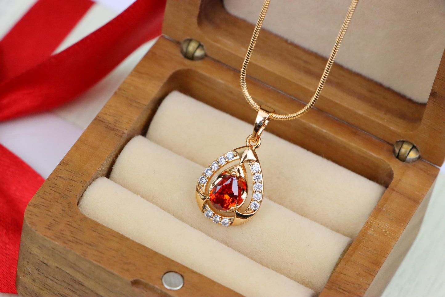Red Pear-Shaped Pendant with Gold Finish and Dazzling Accents, XPPT1802 (2153-2)