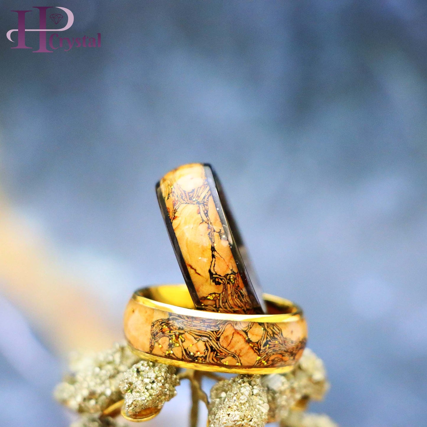 Men’s Black & Gold Tungsten Ring – Durable Wedding Band with Glitter Inlay