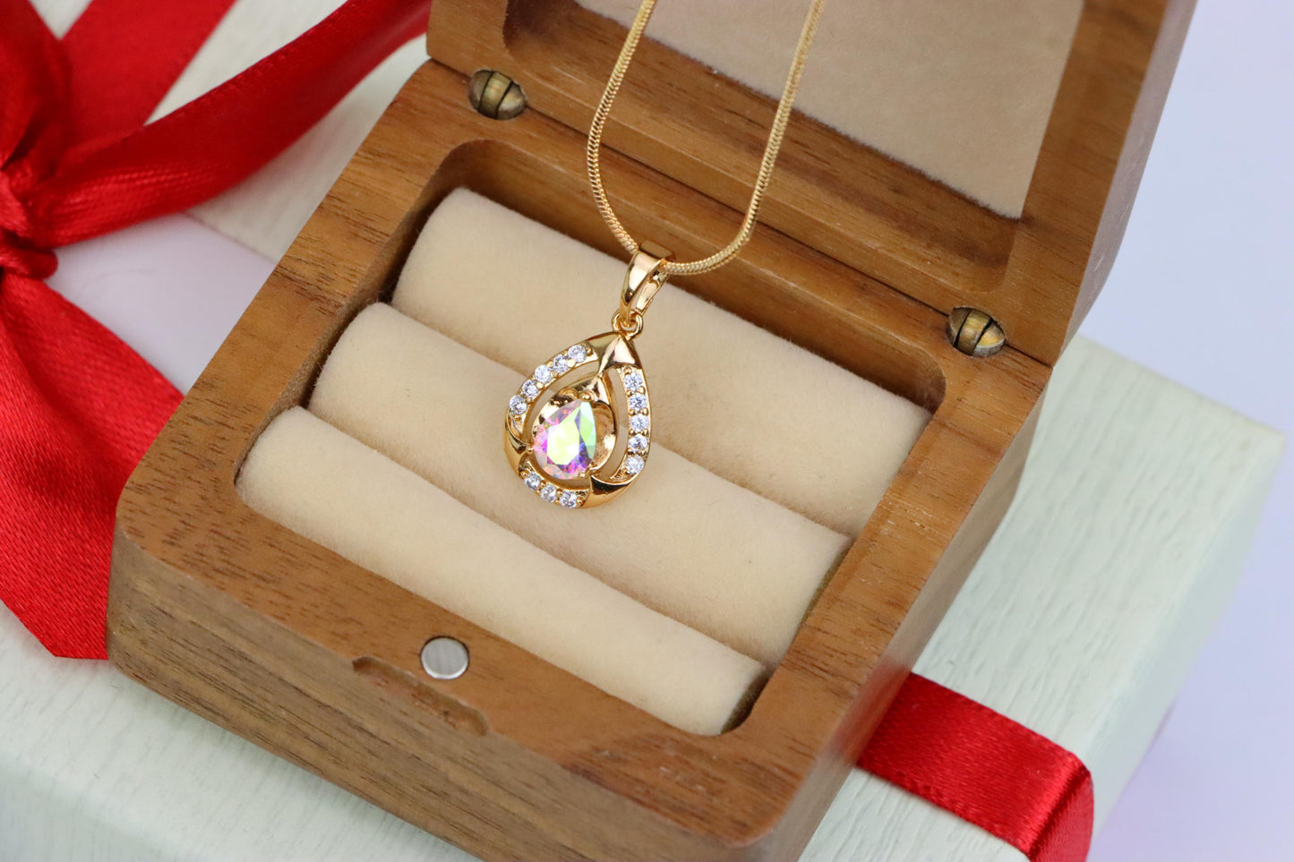 Rainbow Teardrop Pendant with Gold Plated Finish and Sparkling Detail, XPPT1803 (2153-2)