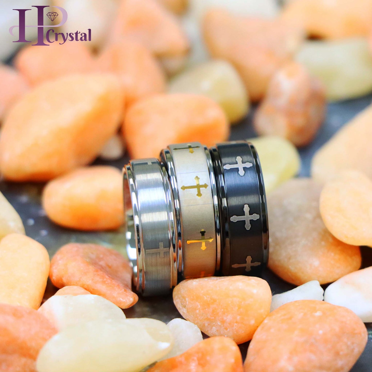 Flat Brushed Center Laser Engraved Crosses Tungsten Ring