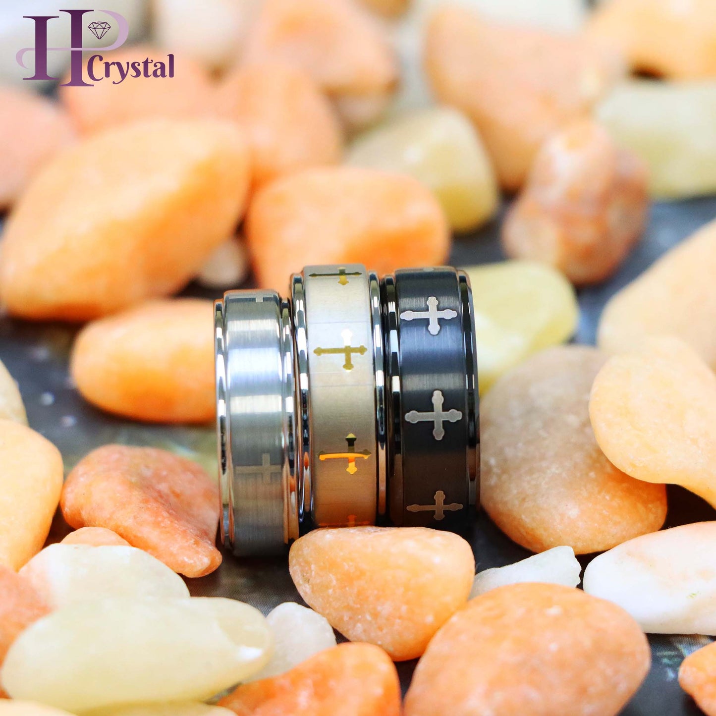 Flat Brushed Center Laser Engraved Crosses Tungsten Ring