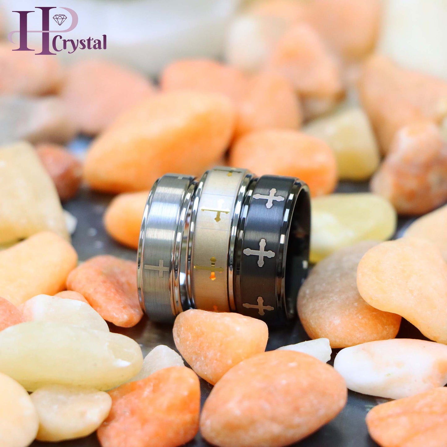 Flat Brushed Center Laser Engraved Crosses Tungsten Ring