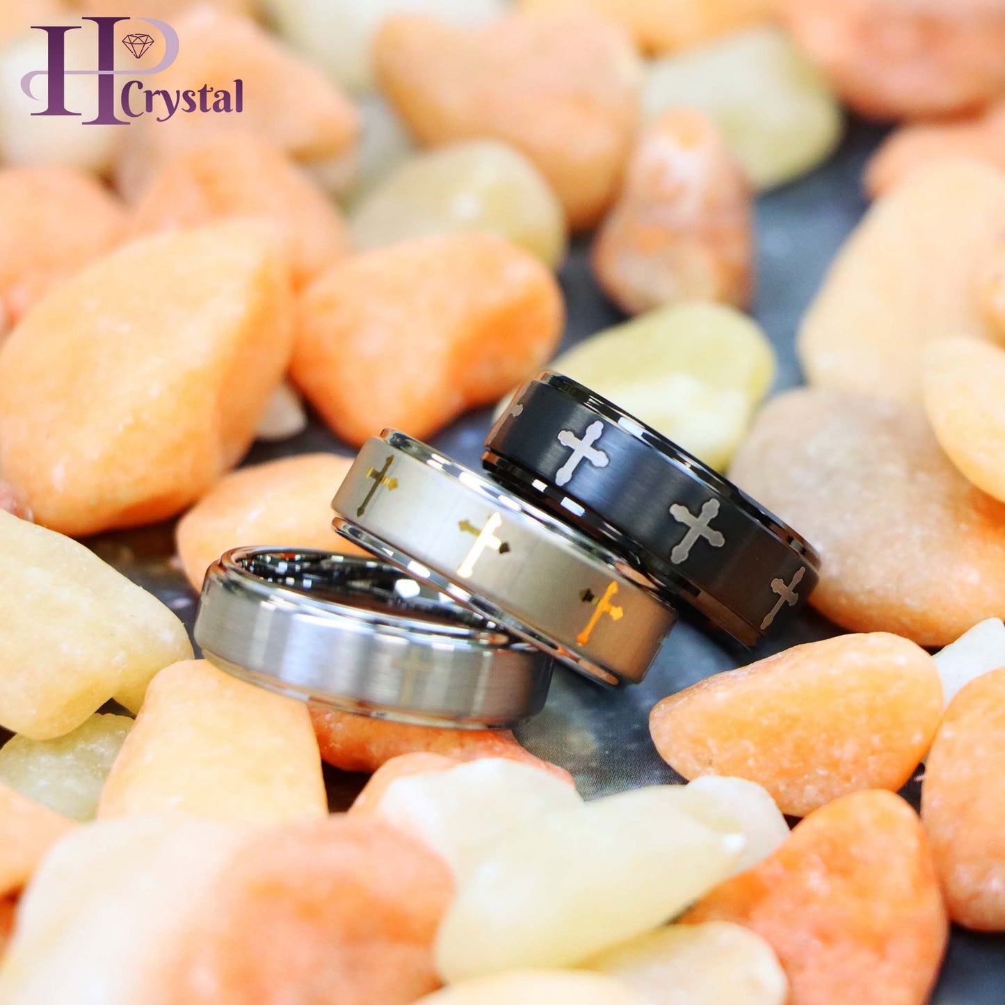 Flat Brushed Center Laser Engraved Crosses Tungsten Ring