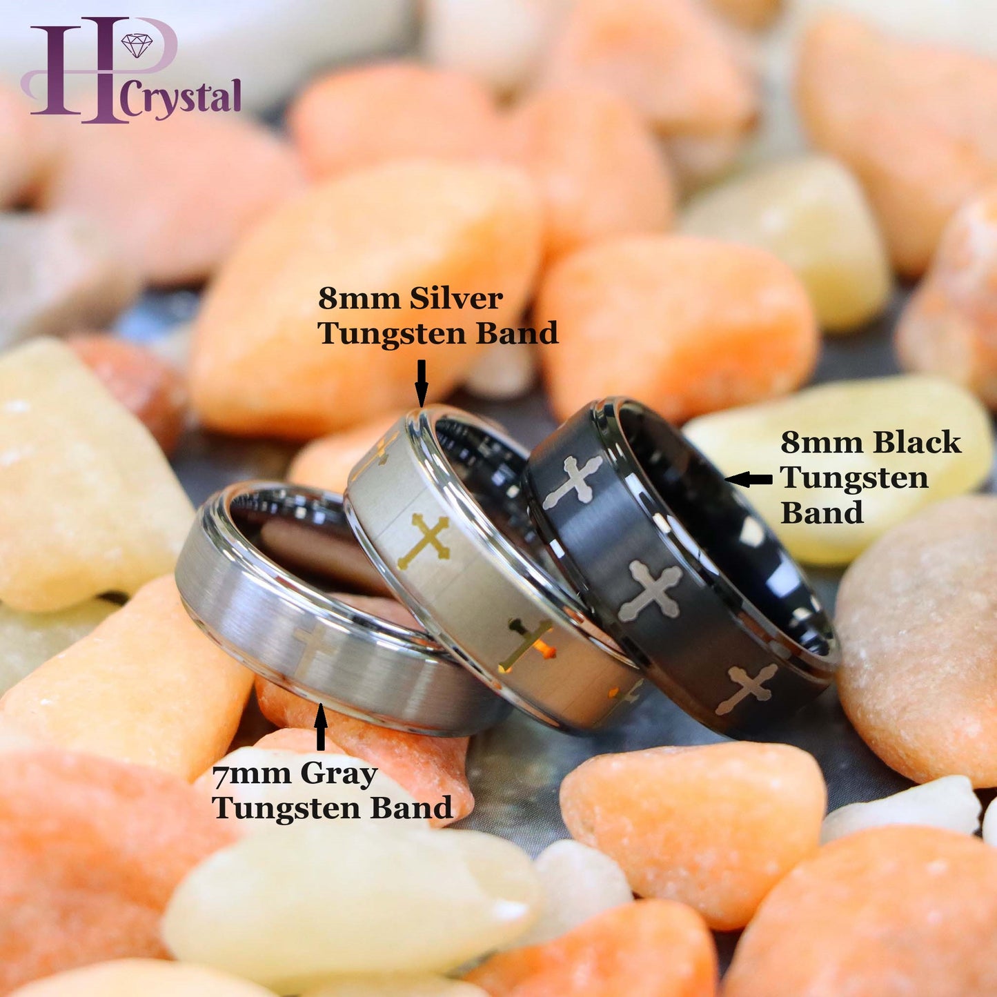 Flat Brushed Center Laser Engraved Crosses Tungsten Ring