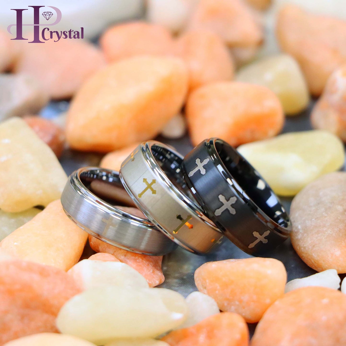 Flat Brushed Center Laser Engraved Crosses Tungsten Ring