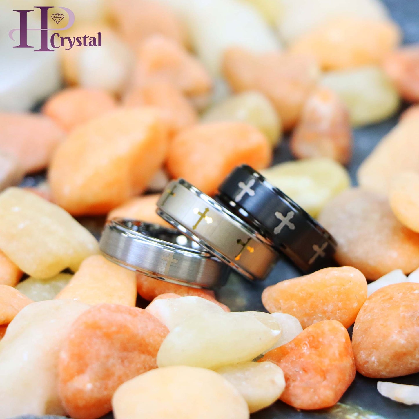 Flat Brushed Center Laser Engraved Crosses Tungsten Ring