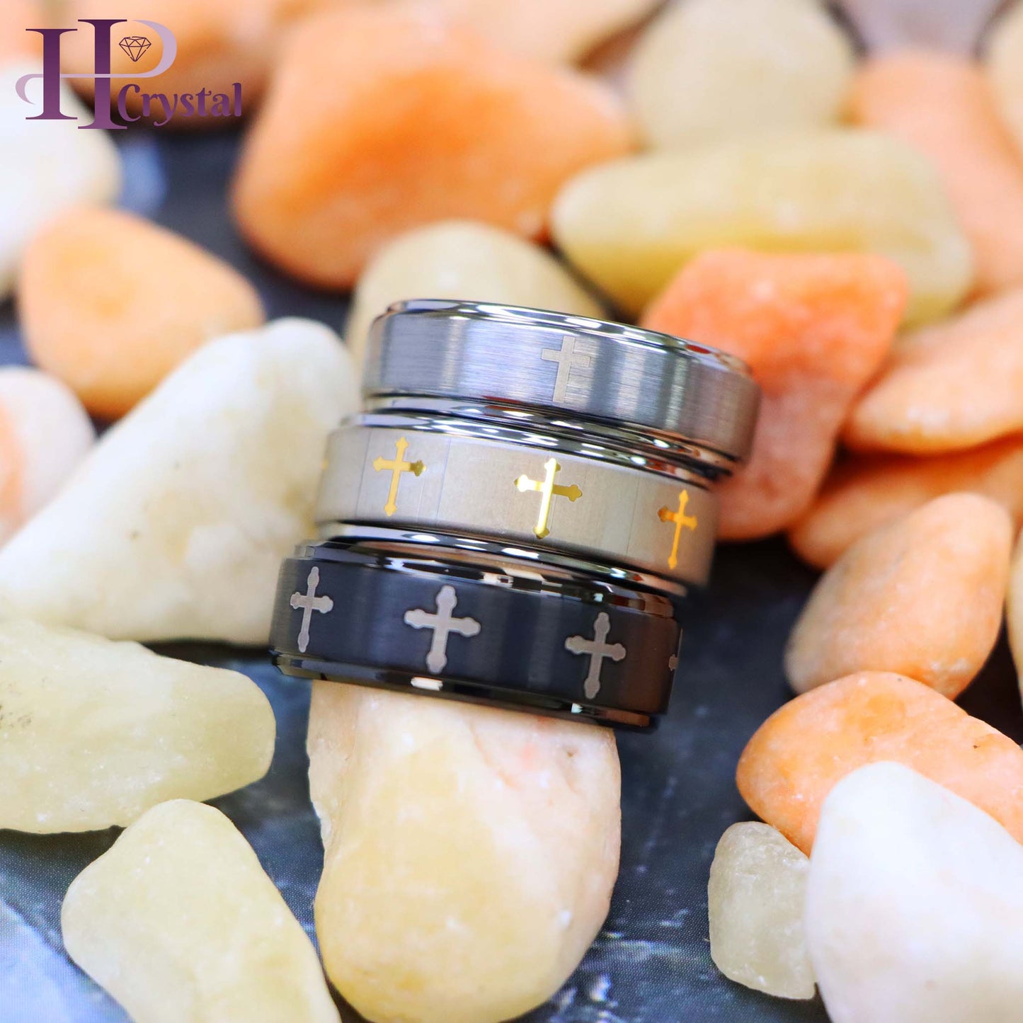 Flat Brushed Center Laser Engraved Crosses Tungsten Ring