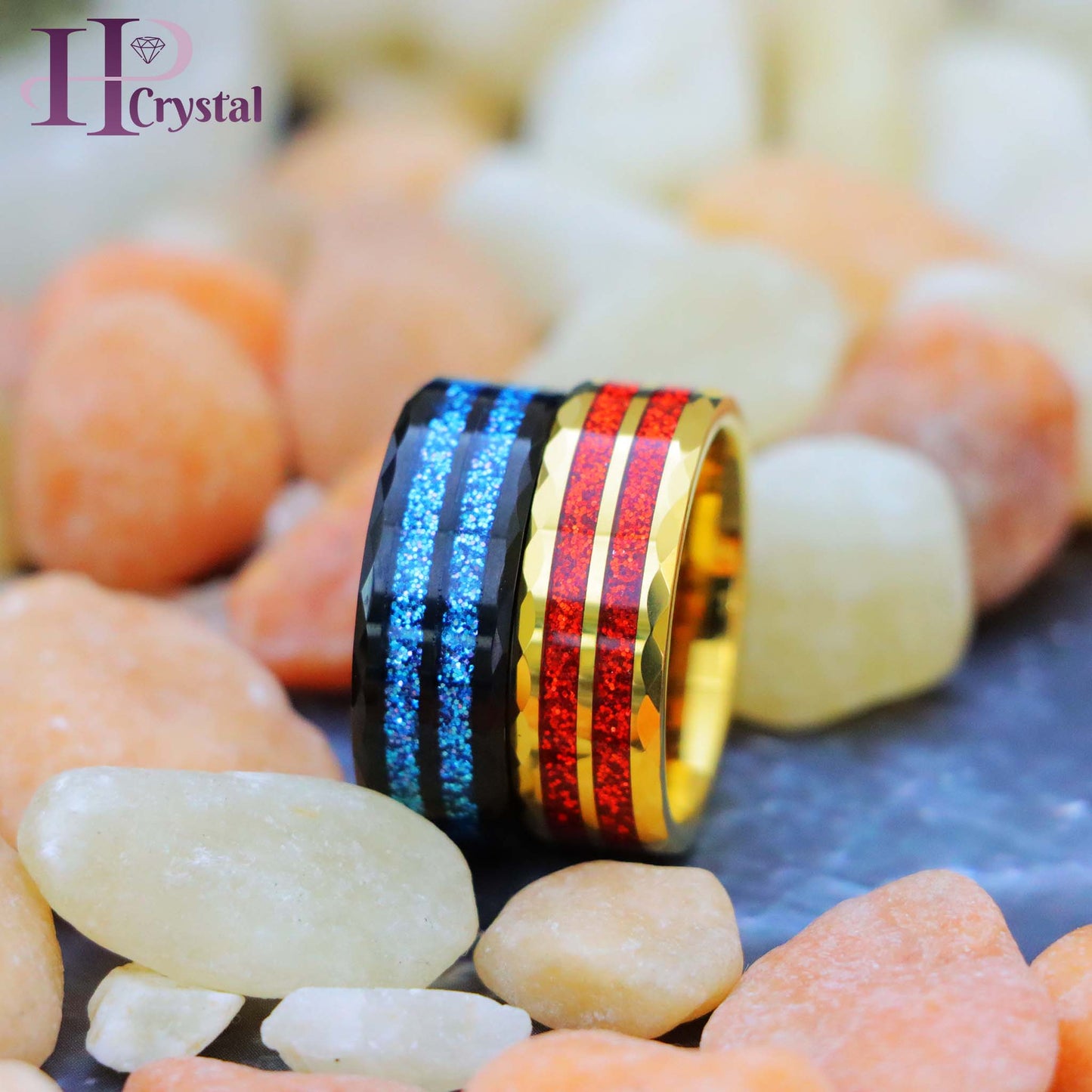 Men’s Black & Yellow Tungsten Ring – Faceted Finish & Glitter Inlay
