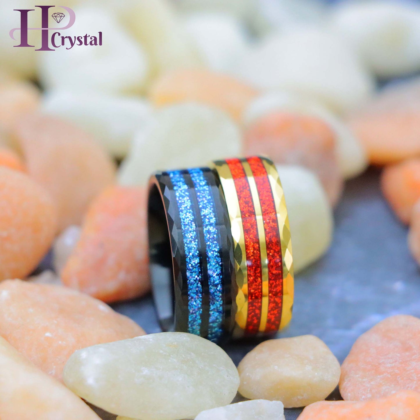 Men’s Black & Yellow Tungsten Ring – Faceted Finish & Glitter Inlay