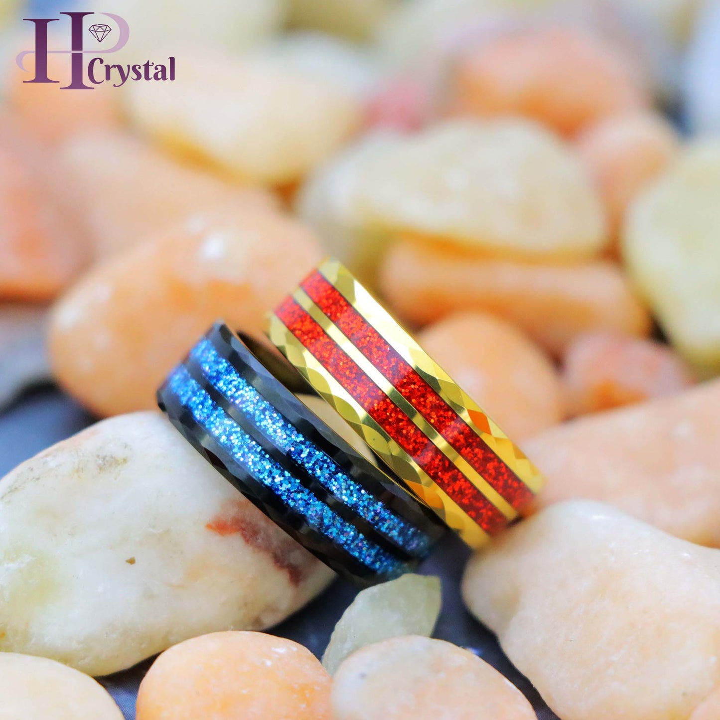 Men’s Black & Yellow Tungsten Ring – Faceted Finish & Glitter Inlay