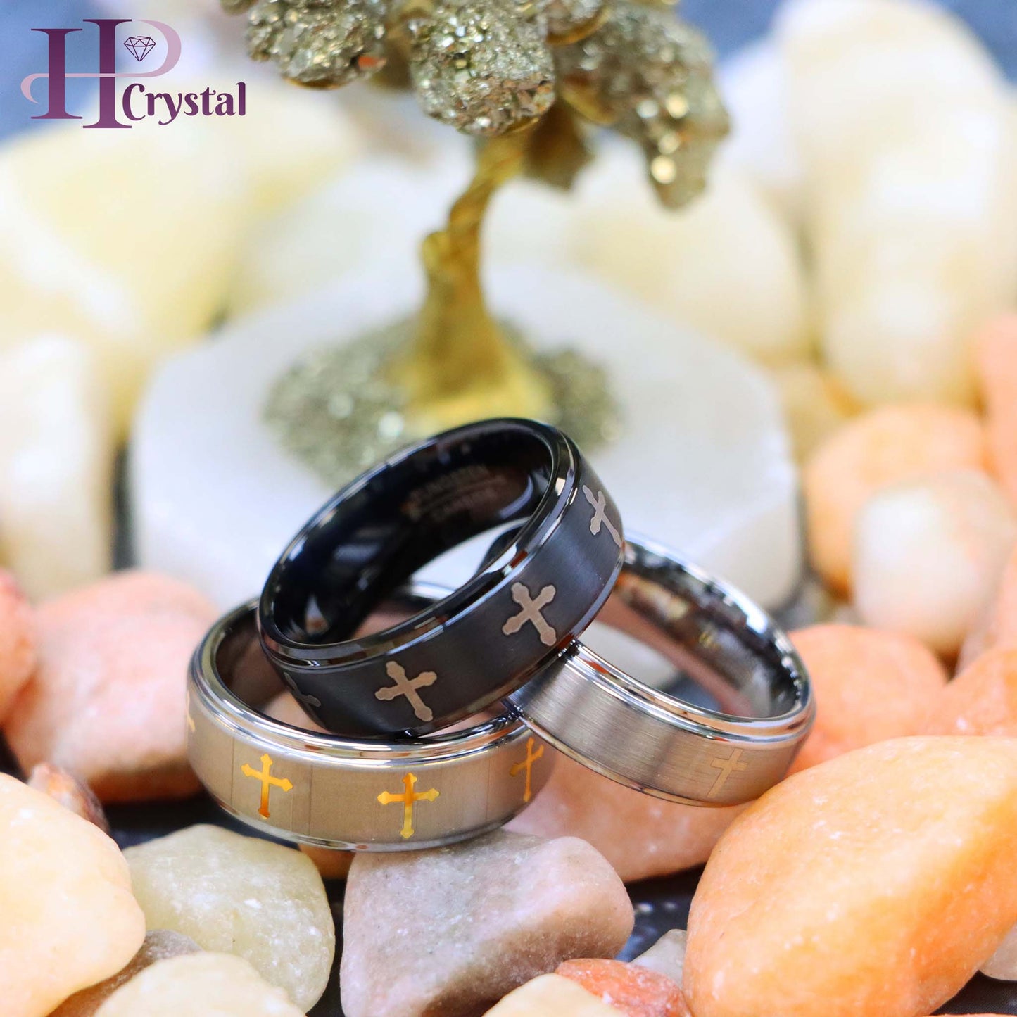 Flat Brushed Center Laser Engraved Crosses Tungsten Ring