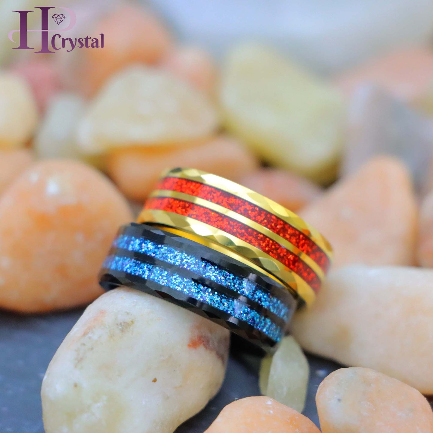 Men’s Black & Yellow Tungsten Ring – Faceted Finish & Glitter Inlay