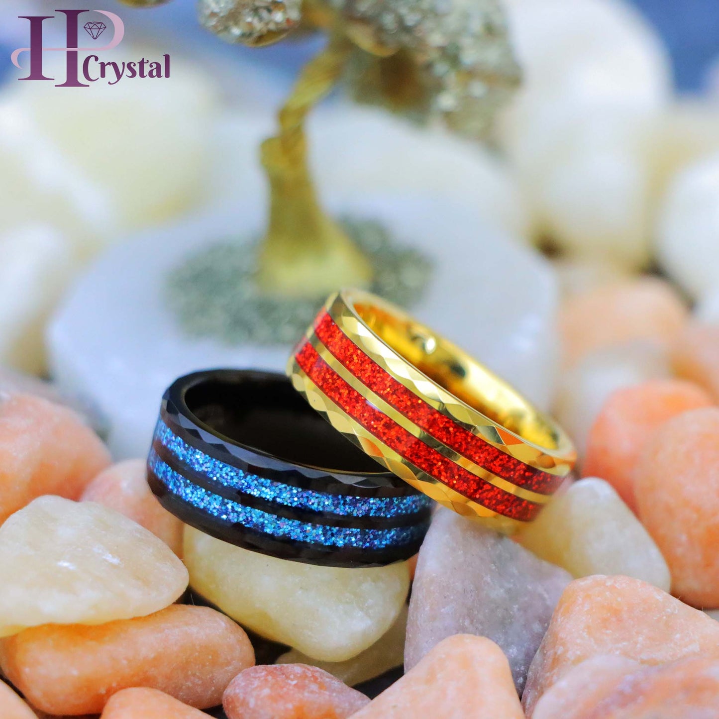 Men’s Black & Yellow Tungsten Ring – Faceted Finish & Glitter Inlay