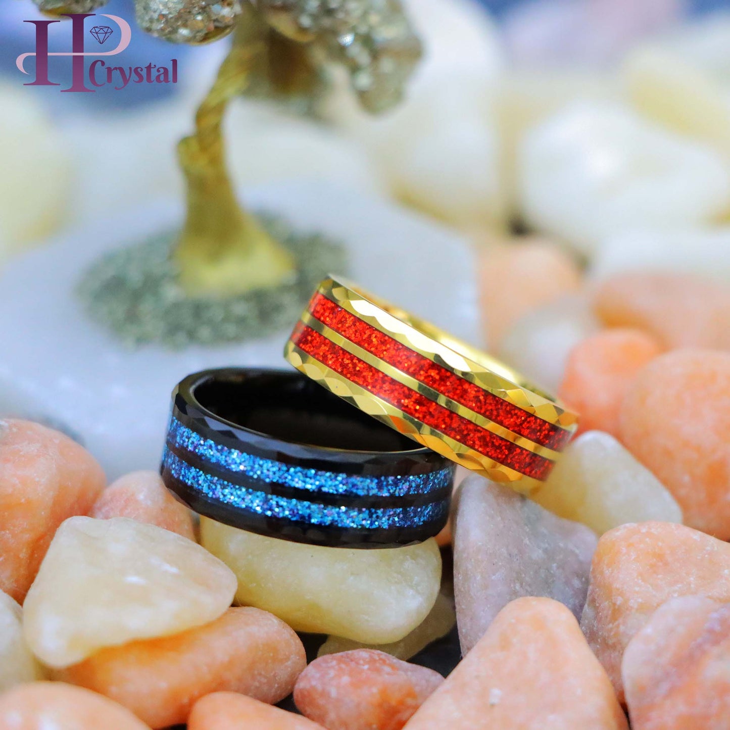 Men’s Black & Yellow Tungsten Ring – Faceted Finish & Glitter Inlay