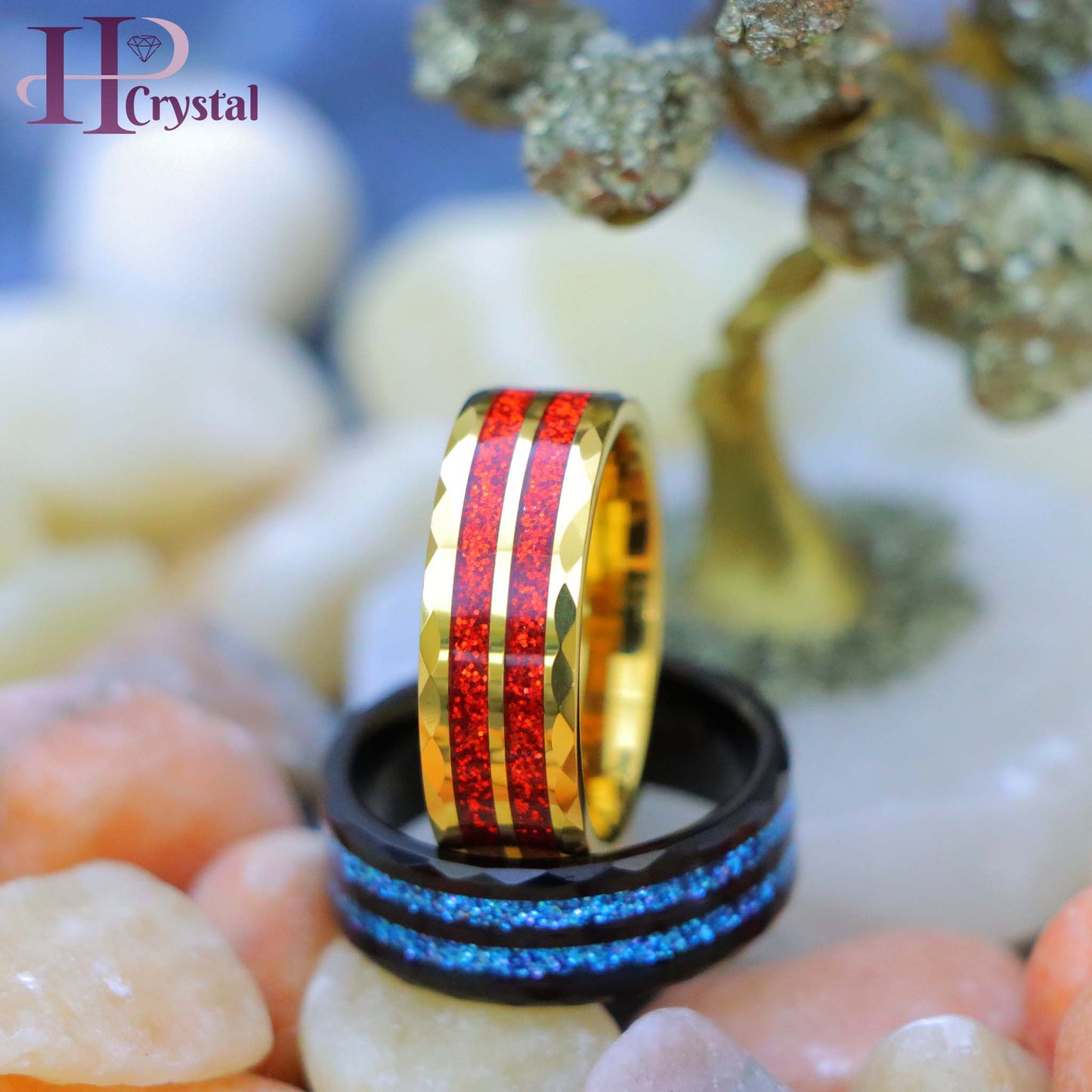 Men’s Black & Yellow Tungsten Ring – Faceted Finish & Glitter Inlay