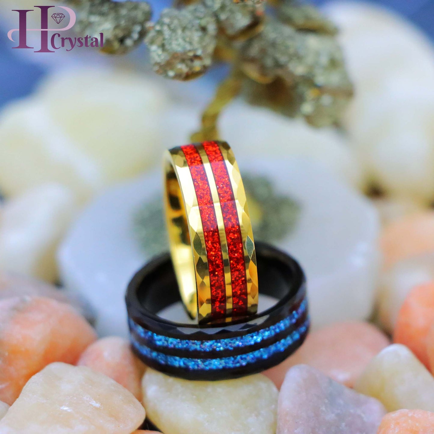 Men’s Black & Yellow Tungsten Ring – Faceted Finish & Glitter Inlay