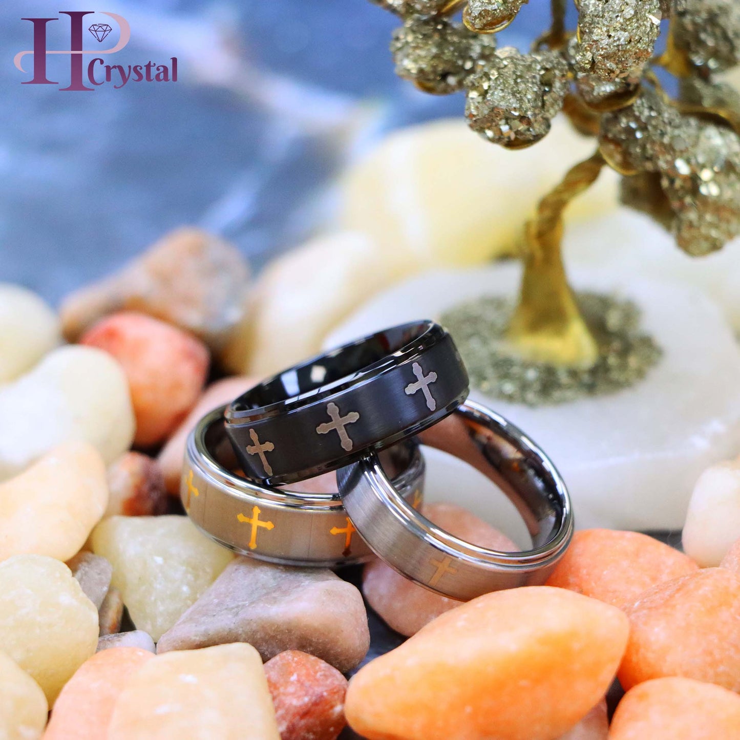 Flat Brushed Center Laser Engraved Crosses Tungsten Ring
