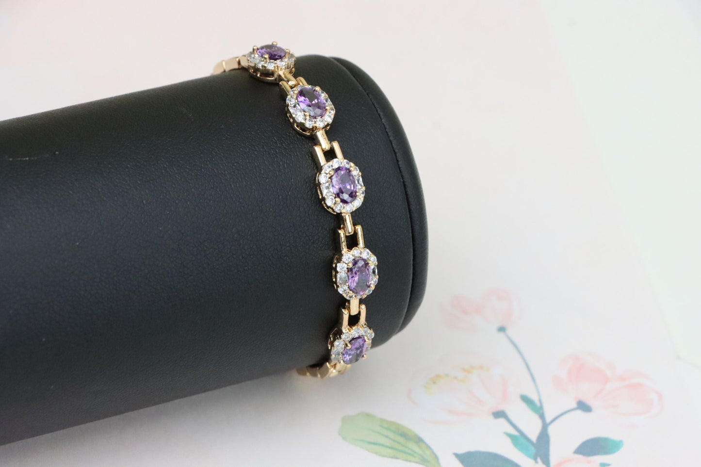 Rose Gold Bracelet with Purple Stones and Halo CZ Accents, XPBL1010 (2101-9)
