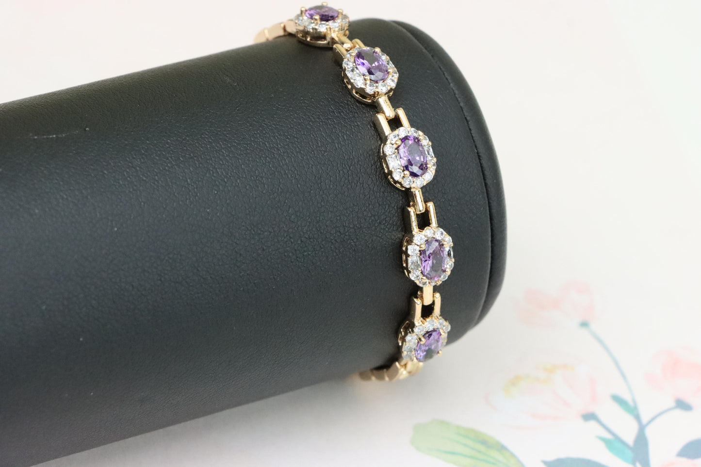 Rose Gold Bracelet with Purple Stones and Halo CZ Accents, XPBL1010 (2101-9)